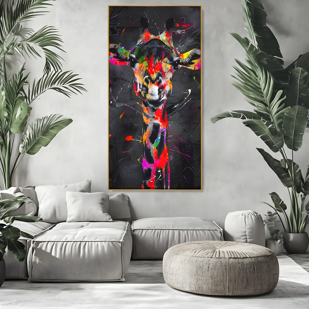 Tablou canvas cu tablou canvas cu girafa multicolor, in rama de aluminiu auriu, pe perete intr-un living